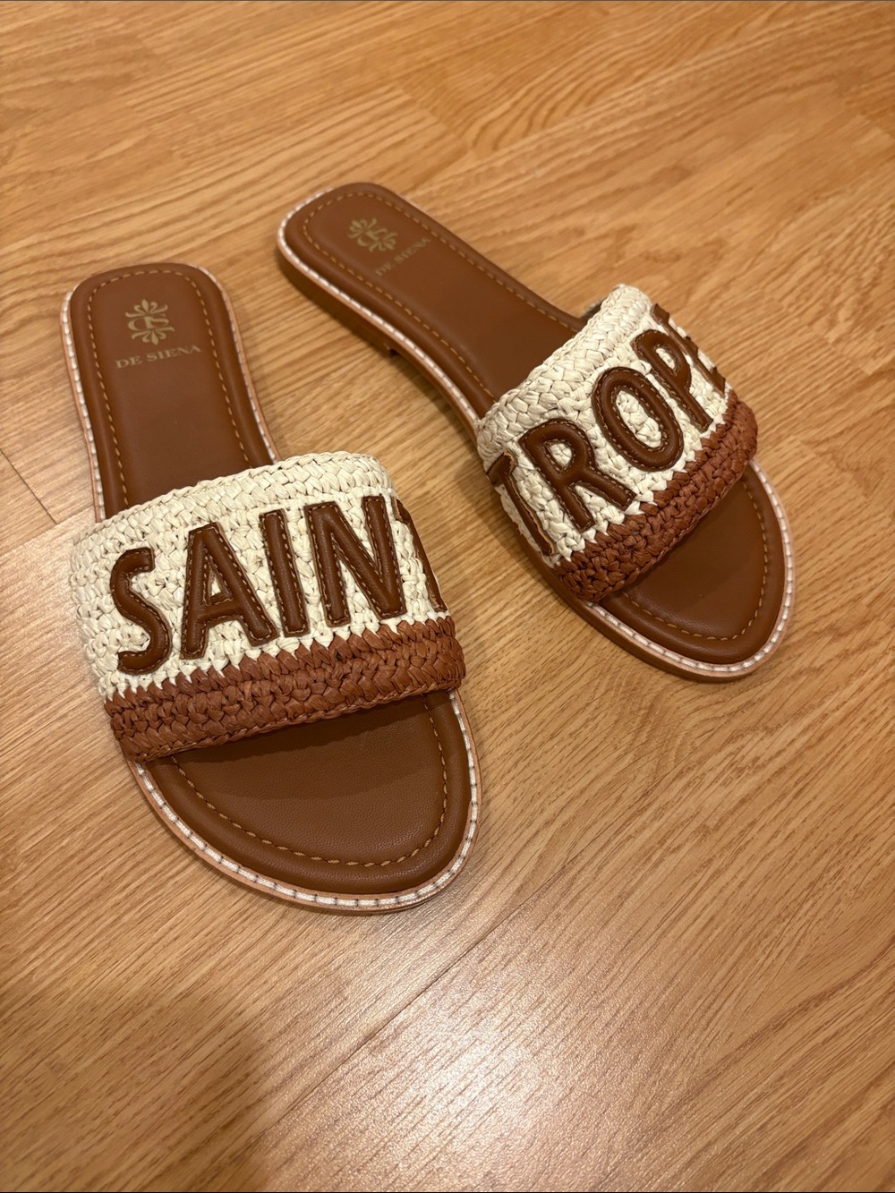 Beige & Brown Embroidered Raffia Slide Sandals
